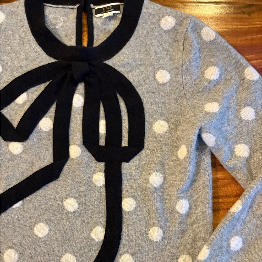 J Crew Women’s Gray Polka Dot 100% Cashmere Crewneck Sweater With Bow Small S - Picture 7 of 11